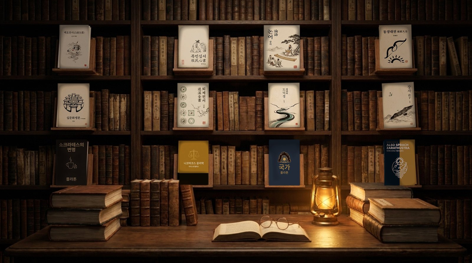 밤의 고서관 — 서가에 꽂힌 백호전서·목민심서·논어·동경대전 등 원전들과 등불이 놓인 책상